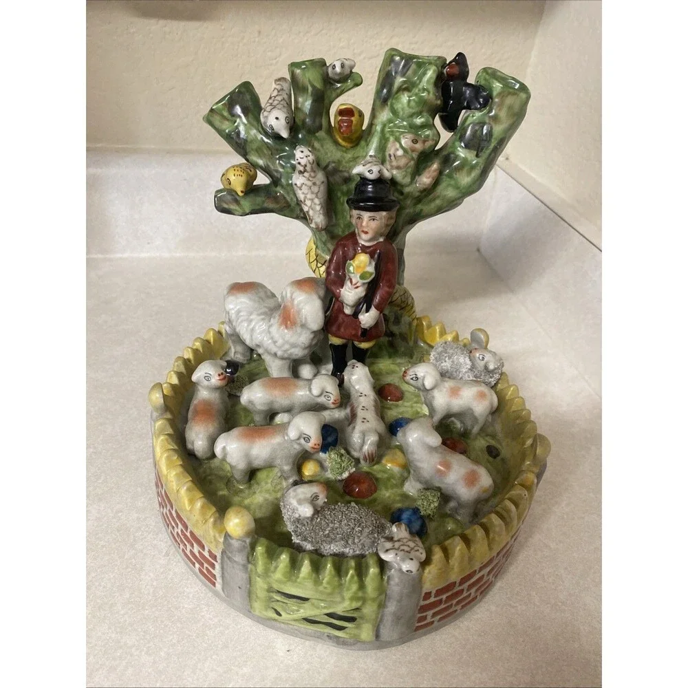 Vtg Staffordshire Style Spill Vase Shepherd, Sheepdog, Sheep, Birds, Tree 8.25